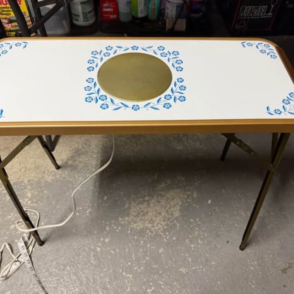 Vintage 1960s Electric Hot Ray Serving Table Cornflower Blue Floral Folds Flat